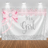 Aperturee - Silver Glitter And Pink Its A Girl Baby Shower Backdrop